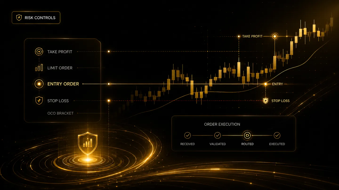TradeLuma risk controls visual showing entry, stop loss, take profit, and order execution steps